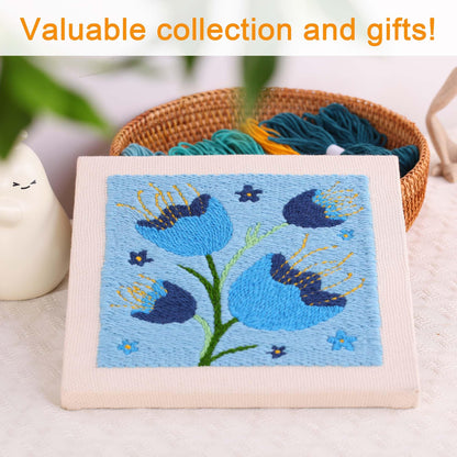 REEWISLY Embroidery Starter Kits for Beginner,Punch Needle Fabric with Pattern,Threader, Yarns,Pinch Needle, Embroidery Hoops & Rug Punch (Blue1)