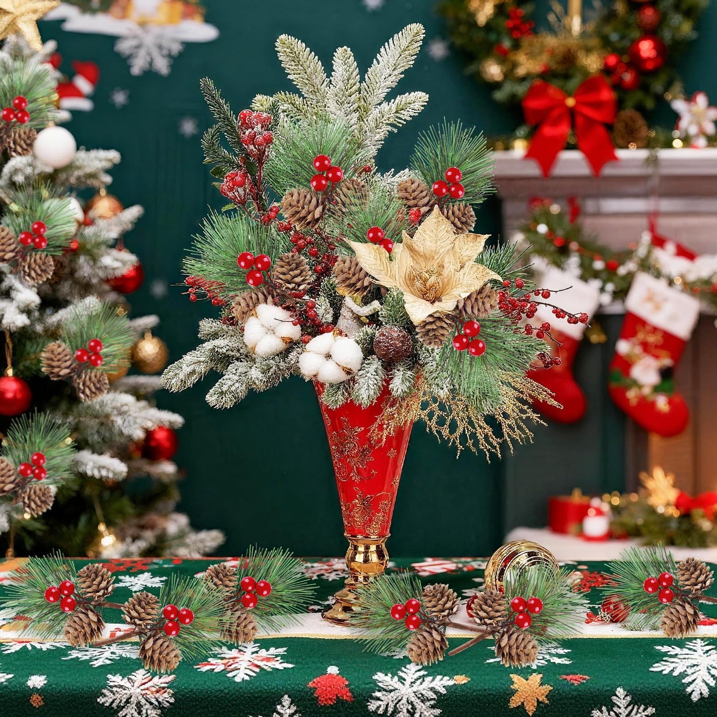 Lukinuo Artificial Berries Pine Picks 25pcs Pine Cone Holly Berry Stems for Crafts Mini Red Berries Pinecones Branches Artificial Christmas Picks and Sprays for Xmas Decor Wreath, Garland, Xmas Tree