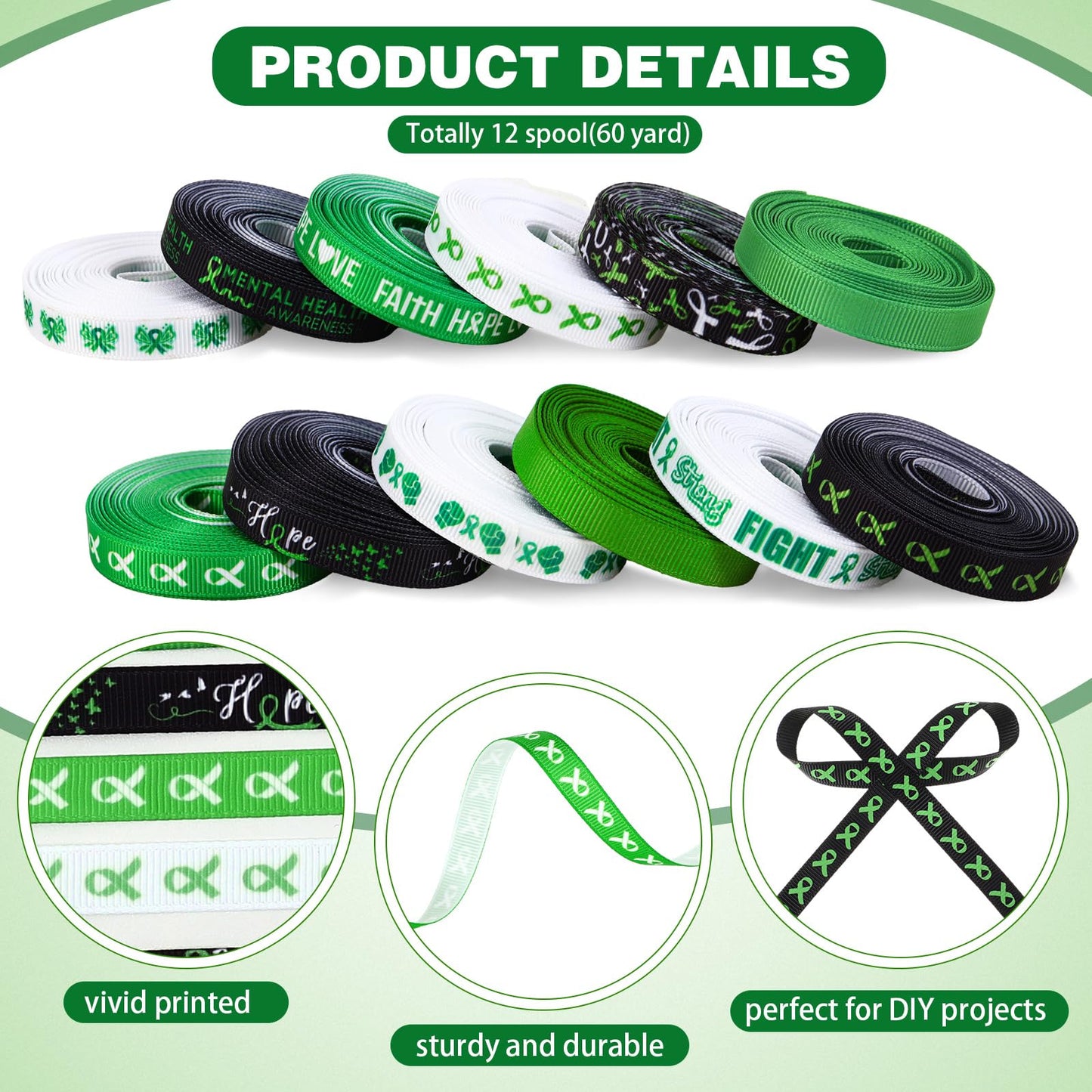 Hahafelt 12 Rolls 60 Yards Mental Health Awareness Ribbon Green Bow Making Ribbon DIY Craft Decorative Ribbons for Gift Wrapping Activities Home Decor 3/8 Inches