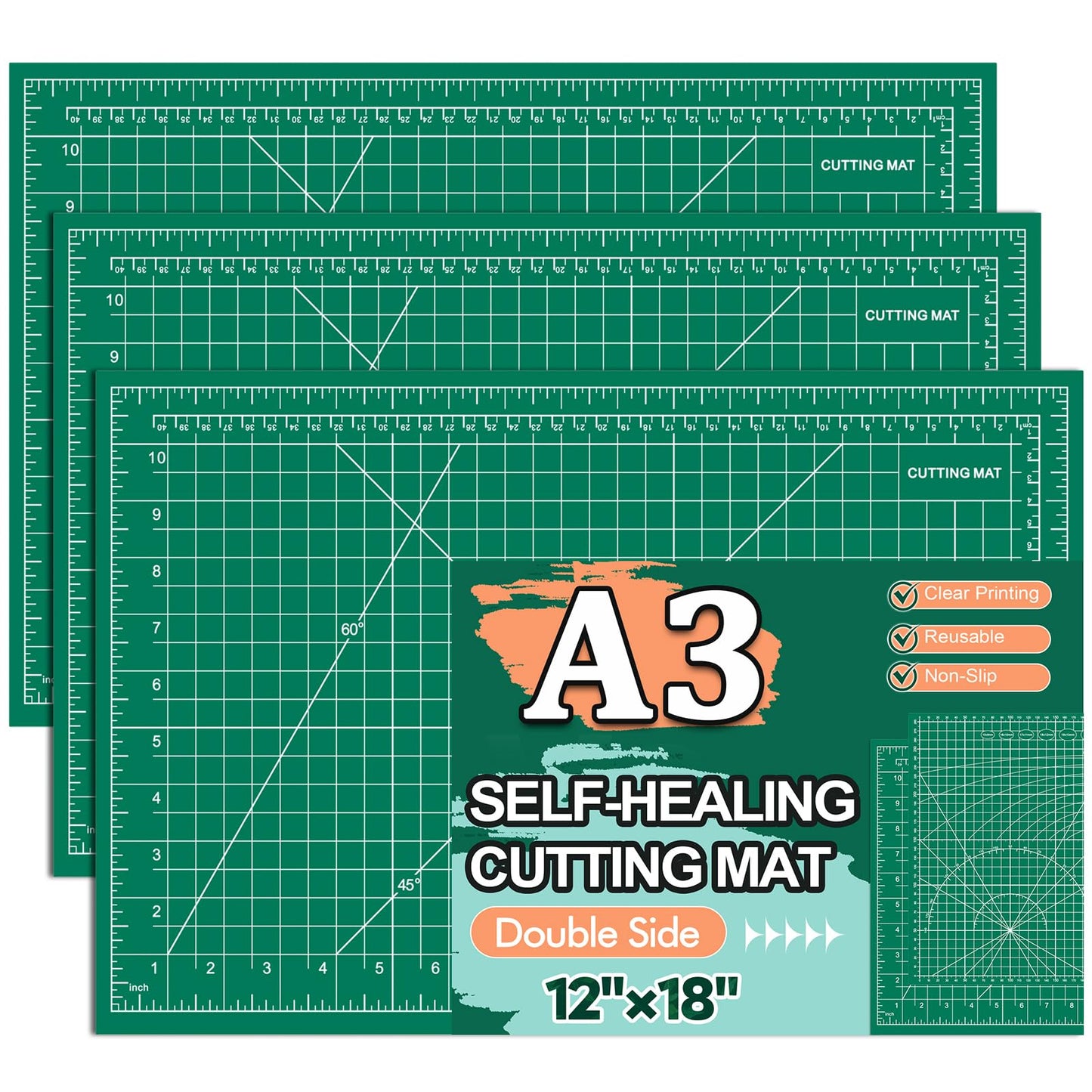 Self Healing Cutting Mat 3 Packs, 12×18 Inch Fabric Cutting Mats for Crafts, Double Sided Sewing Boards for Quilting Hobby Scrapbooking 5 Layers