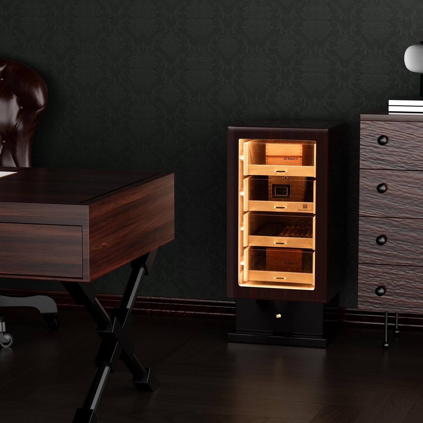 Woodronic Cigar Humidor Cabinet with LED Light, USB Cable & Adapter, Lock & Keys, Spanish Cedar Lining, Accessory Drawer, Hygrometer & Humidifiers, Glossy Ebony Finish, Gift for Fathers, 250 Counts