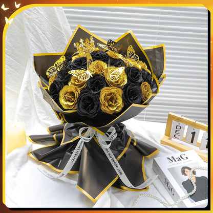 Ovveroche 36 PCS Glitter Roses Bouquet Kit, Black, Gold Sparkling Flower Arrangement with Stems, Butterflies, Crown, Wrapping Paper, Card, Ribbon for Wedding, Graduate, Birthday, DIY Crafts