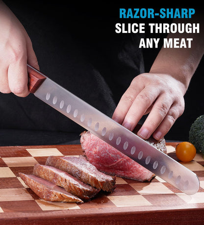 Naitesen 3PCS Professional Brisket Carving Knife Set, Butcher Knife, Very Sharp Meat Knives for BBQ Slicing Cutting Full Tang Rosewood Handle High Carbon Steel, Gifts for Men Women