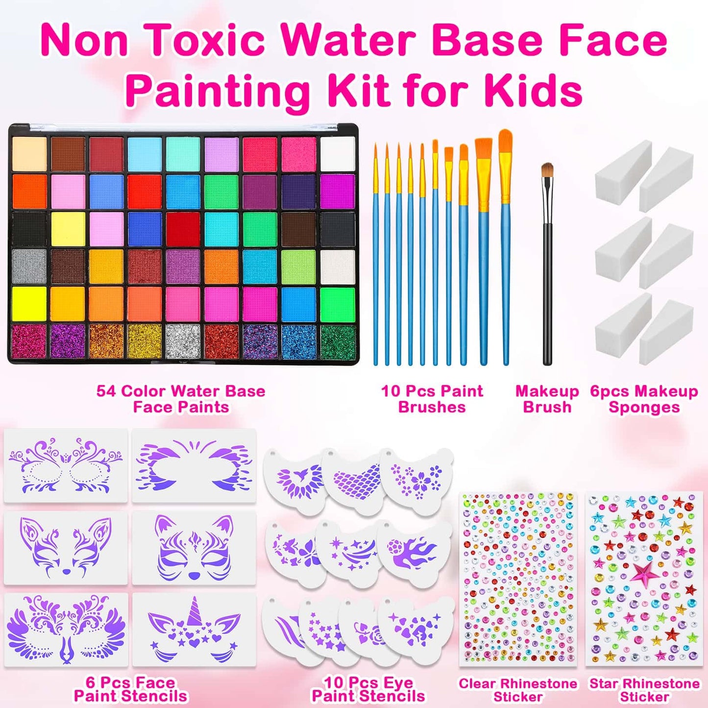 Professional Face Painting Kit for Kids and Adults – 54 Color Water Activated Cosplay Makeup Kit, Non-Toxic Body Paint with Stencils, Gems, Brushes– for Halloween FX, Bday Parties, School Event