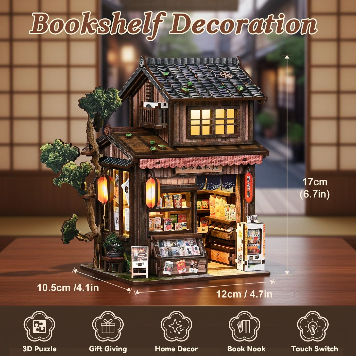 BETESINE Book Nook Kit for Adults 14+, Japanese Miniature House with LED Light and Dust Cover, DIY 3D Wooden Puzzle Bookshelf Insert Decor, Creative Craft Gift for Teens and Book Lovers