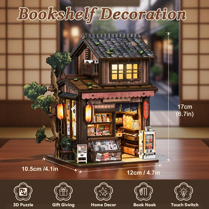 BETESINE Book Nook Kit for Adults 14+, Japanese Miniature House with LED Light and Dust Cover, DIY 3D Wooden Puzzle Bookshelf Insert Decor, Creative Craft Gift for Teens and Book Lovers