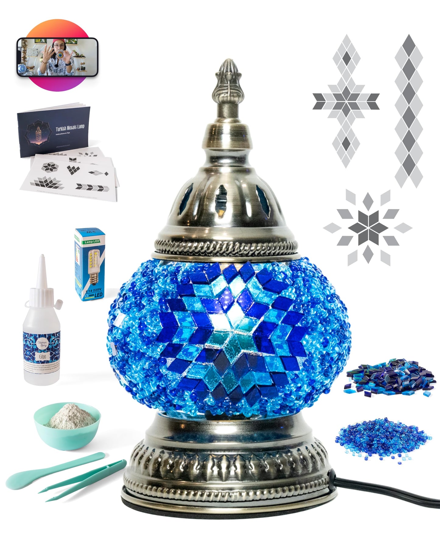 KRAFTSTORIES DIY Turkish Mosaic Lamp Kit – Create Your Own Colorful Glass Table Lamp | Handmade Arts & Crafts Kit for Adults | Moroccan Boho Unique Gift Idea, Includes All Materials (Blue)