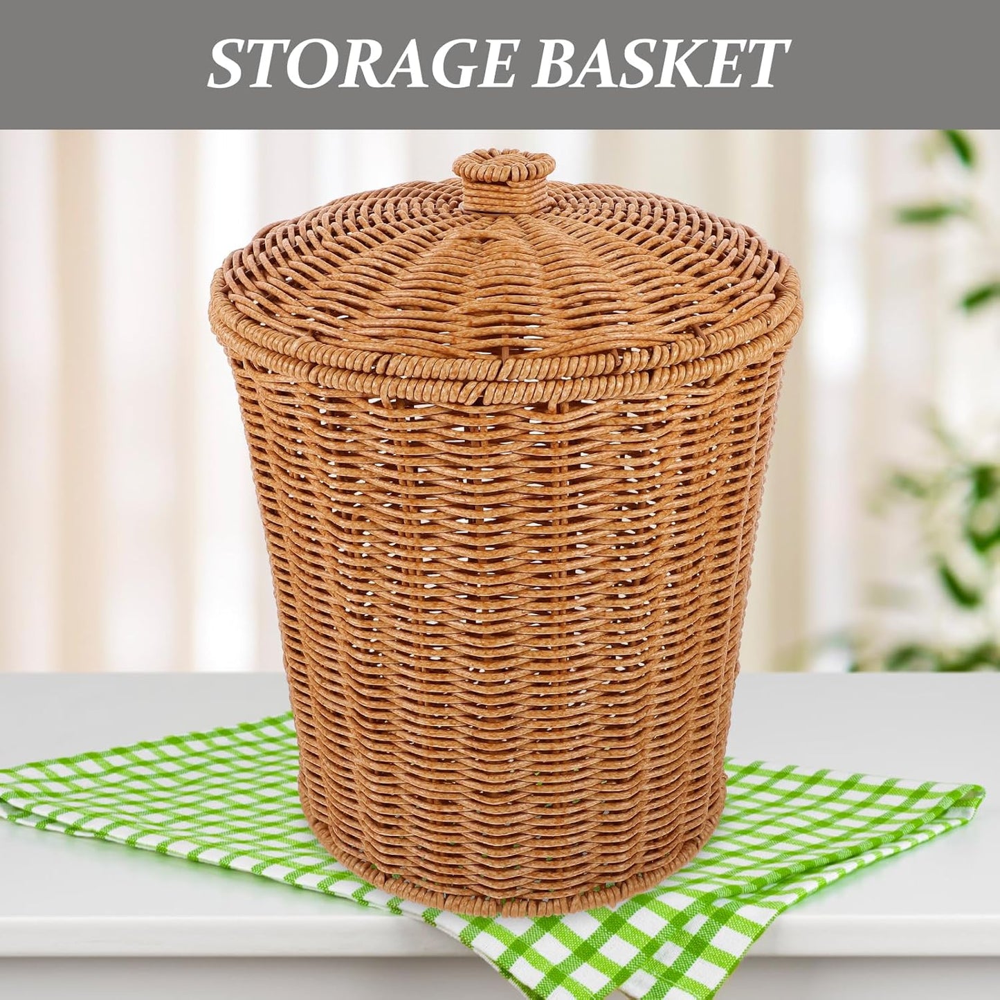 VICASKY Wicker Storage Basket with Lid, Dirty Clothes Container, Rattan Waste Basket, Bedroom Trash Can