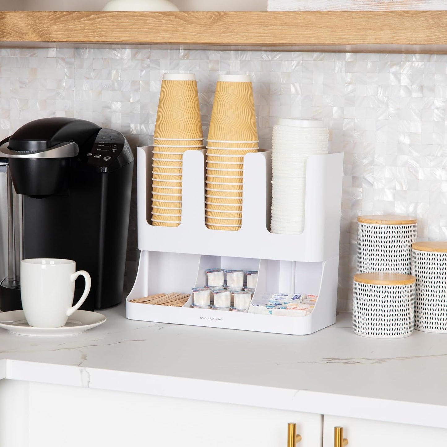 Mind Reader Cup and Condiment Station, 6-Compartment Countertop Organizer for Coffee Bar (White)
