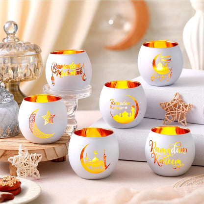 FoldTier 6 Pcs Ramadan Table Decor Ramadan Mubarak Candle Holders Glass Eid Mosque Decoration Votive Tealight Candle Holders for Muslim Gift Tabletop Centerpieces Islamic Party Home Decoration