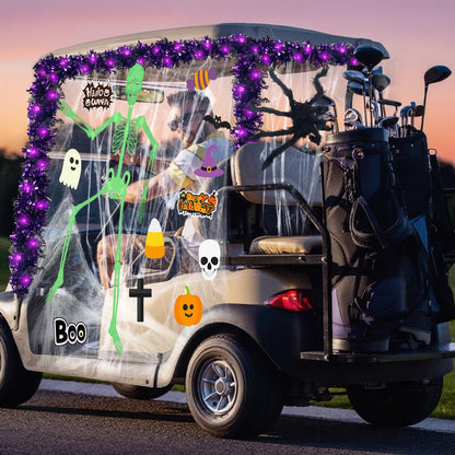 Suncalla Halloween Golf Cart Decoration Kit-Halloween Car Decorations-Skeleton Glow in Dark, Fake Spider Web, Spider, Purple Garland, Sticker for Trunk or Treat Parade Indoor Outdoor Golf Cart Party