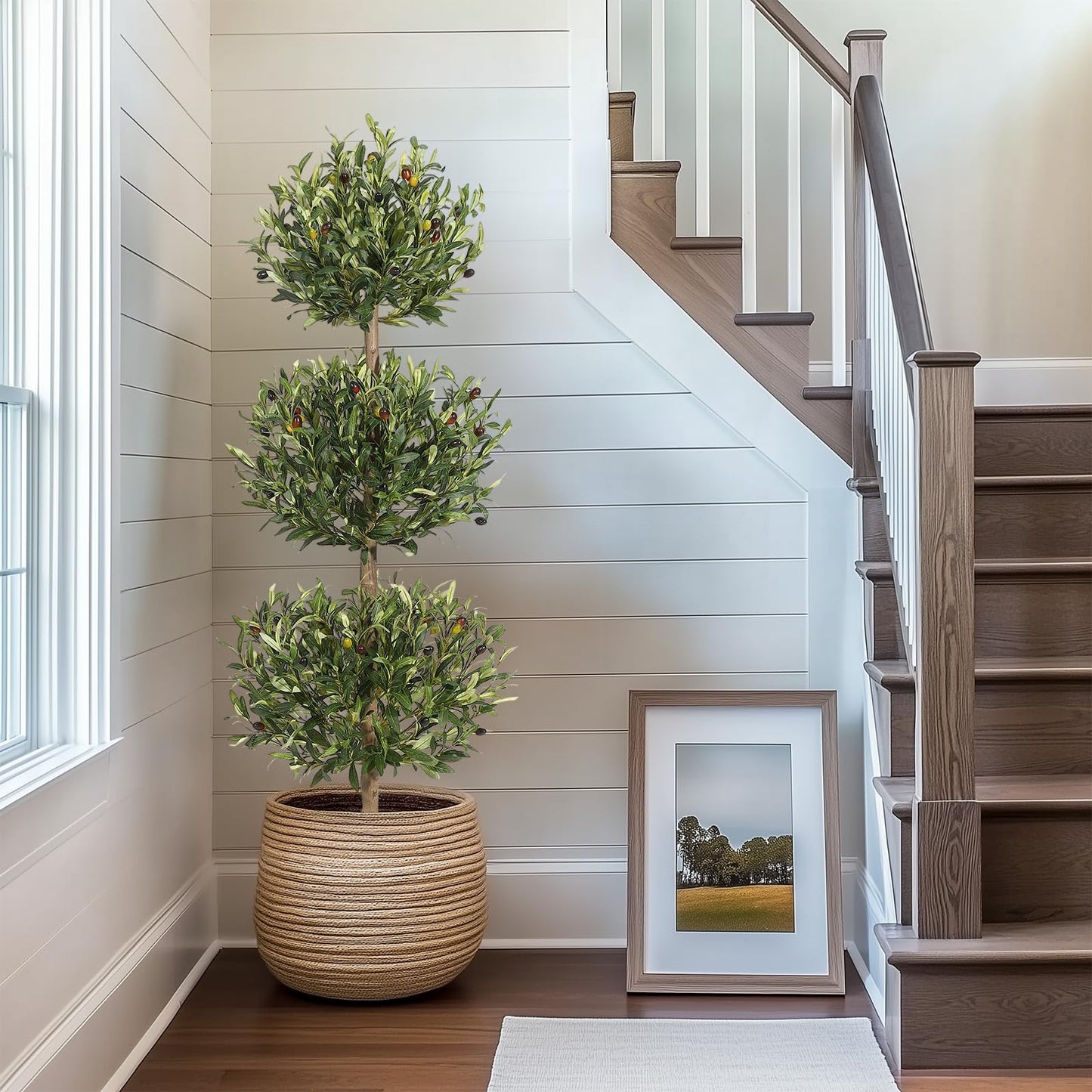 2 Pcs Artificial Olive Tree, 5FT Tall Olive Trees Artificial Indoor, Fake Olive Tree with Planter, 3-Tier Spherical Design Faux Olive Tree for Home Office Decor