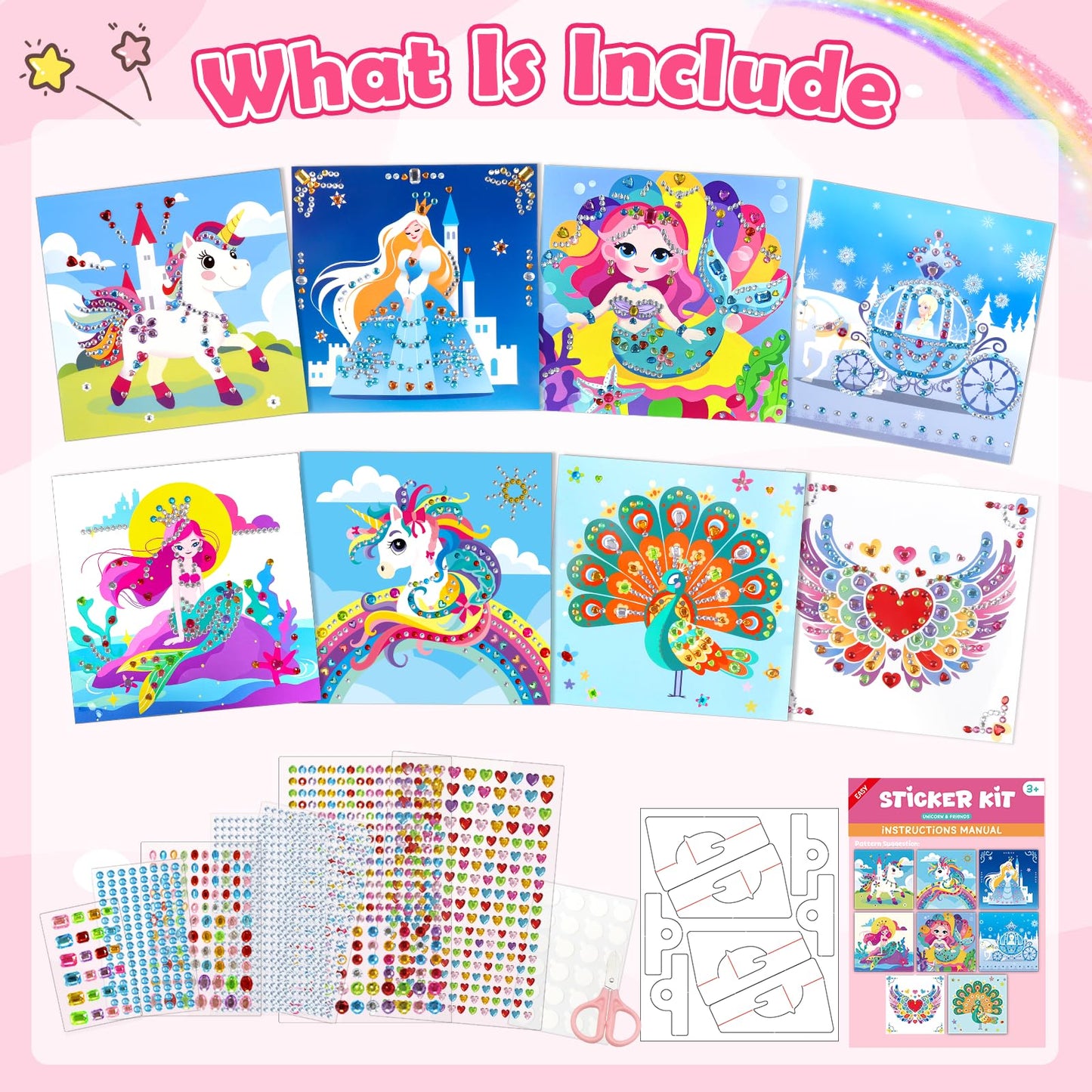 Gem Art Sticker Kit, Arts and Crafts for Kids Age 4-12, 8 Unicorn Princess Themes Diamond Art Kit, Gemstone Sticker Crafts Christmas Birthday Gifts for Girls Ages 4,5,6,7,8 Year Old