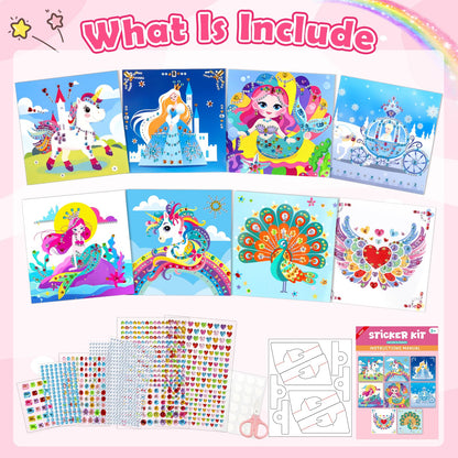 Gem Art Sticker Kit, Arts and Crafts for Kids Age 4-12, 8 Unicorn Princess Themes Diamond Art Kit, Gemstone Sticker Crafts Christmas Birthday Gifts for Girls Ages 4,5,6,7,8 Year Old