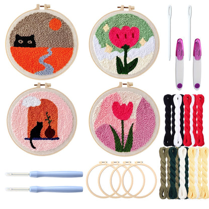 XunYee 4 Sets DIY Punch Needle Kits for Adult Beginners Cute Cat with Flower with Hoop Punch 8 Inch DIY Needle Embroidery Sets Starter Craft Set Easy for Adults Children Festival Gift Decoration