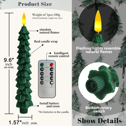 FCMSHAMD Dark Green Christmas Trees Flickering Flameless Candles with Remote and Timer, Real Wax 3D Flame Wick LED Candles, 9.8 Inch Battery Operated Candles for Christmas Home Decoration，4PCS