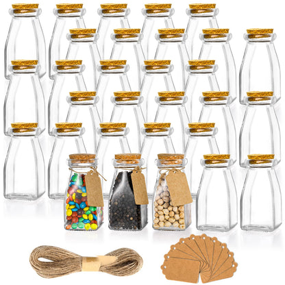 yarlung 30 Pack Glass Favor Jars with Cork Lids, 4 OZ Clear Small Candy Jars Set Square Decorative Bottles for Thanksgiving Gift, Christmas, Baby Shower Wedding Party Favor, Brown Labels and Strings