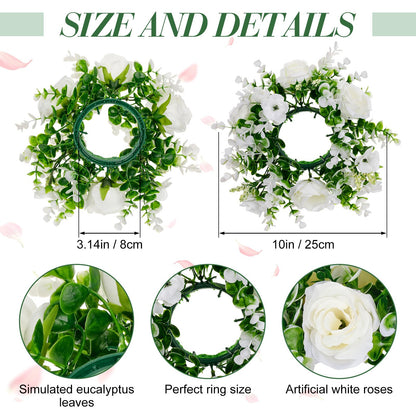 Yunlly 4 Pcs White Rose Candle Wreaths Rings Roses and Green Leaves Candle Holder Rings with LED Flameless Candles, 9.5" Wide for Wedding Windows Table Centerpieces