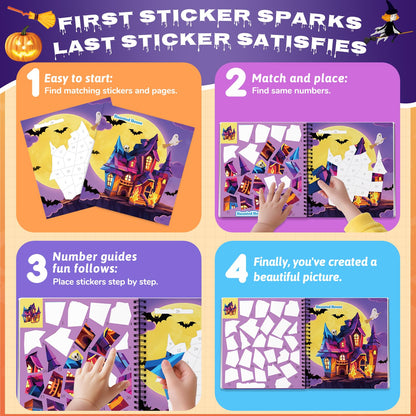4PCS Paint by Number Sticker Book - Halloween Crafts & Acitivity Puzzles Book for Kids Ages 4-10, Travel Toys for Road Trip & Airplane,Perfect Halloween Gifts & Basket Stuffers for Kids