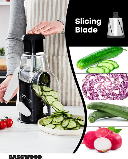 BASSWOOD Rotary Cheese Grater with Handle - Mandoline Slicer and 3 Stainless Steel Drum Blades (Black)