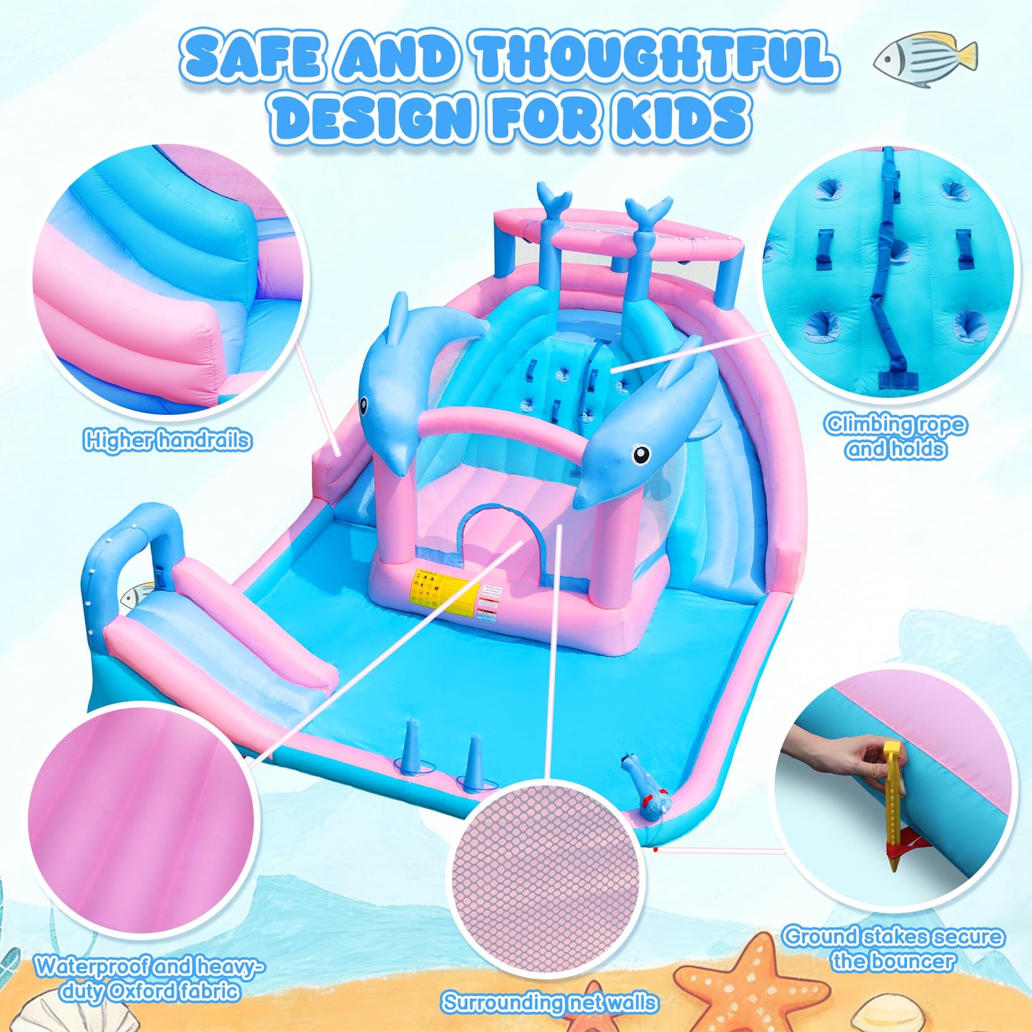 BounBounTime Inflatable Water Slide, Dolphin Bounce House for Kids 3-12, Water Park with Blower, Splash Pool, Climbing Wall, Water Cannon, Bouncy Castle for Backyard Summer Fun, 195 x 162 x 104 inches