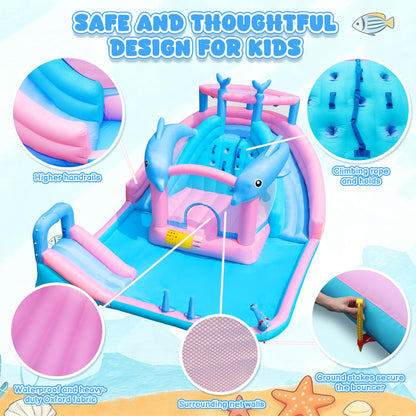 BounBounTime Inflatable Water Slide, Dolphin Bounce House for Kids 3-12, Water Park with Blower, Splash Pool, Climbing Wall, Water Cannon, Bouncy Castle for Backyard Summer Fun, 195 x 162 x 104 inches