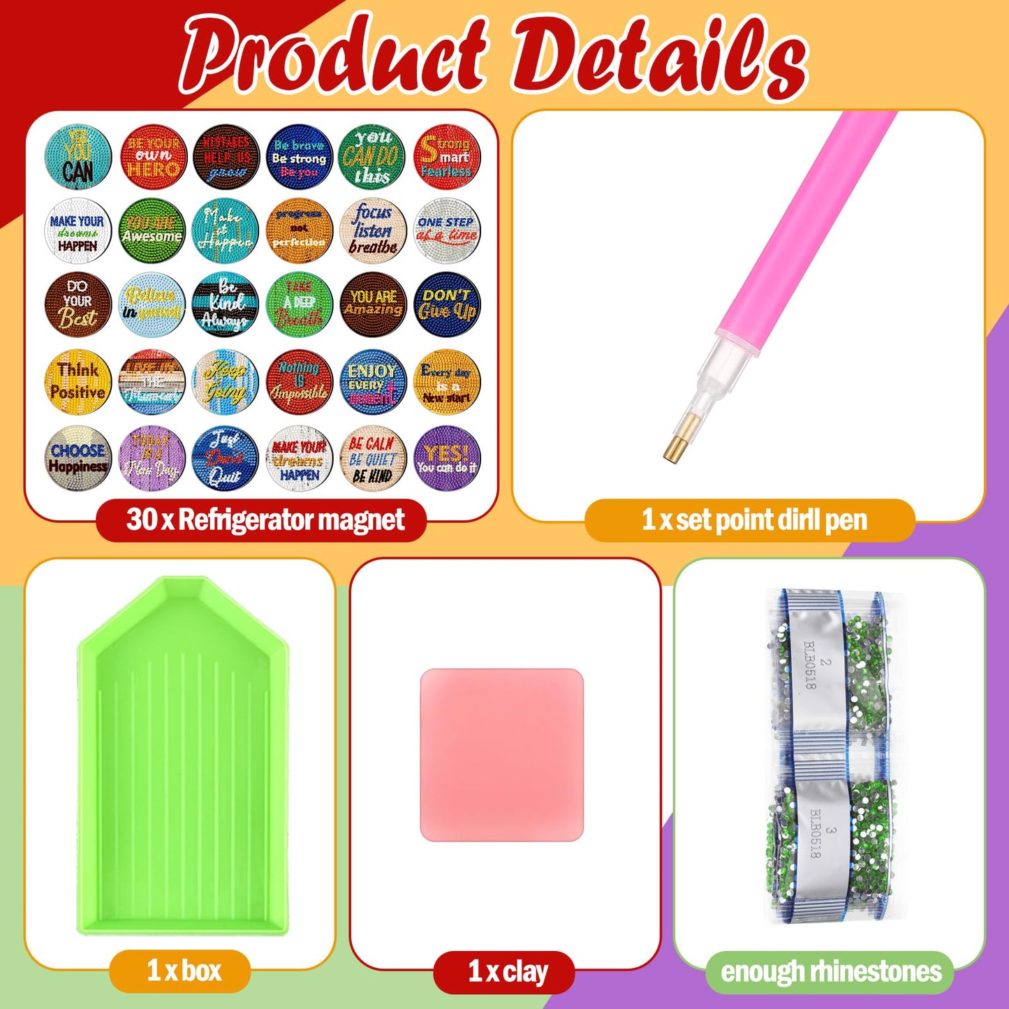 Motipuns 30 Pcs Inspirational Diamond Art Kits Magnetic Motivational Diamond Painting Magnets Kits Positive Affirmation 5d DIY Art Fridge Magnet Refrigerator Sticker for Adult Beginner Home Car Garage