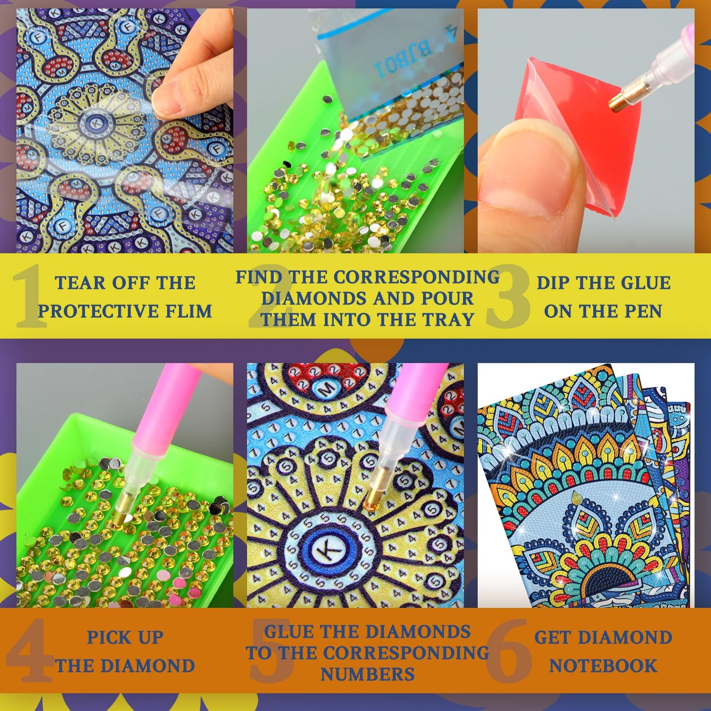Frienda 4 Pcs Diamond DIY Notebook 5.5 x 8.3 Inch Mandala Diamond Art Notebook 100 Pages A5 Diamond Notebook 5d Journal with Tools for Craft Sketchbook Adult Drawing Gift