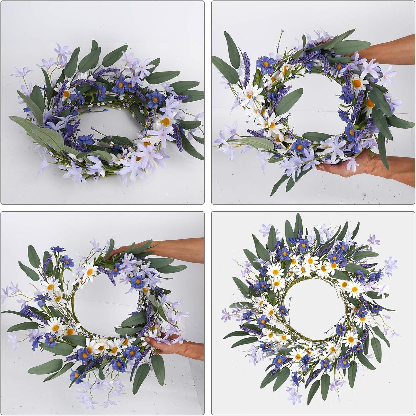 VioletEverGarden 20 Inch Spring Wreath for Front Door, Violet Blue and White Daisy Floral Decor