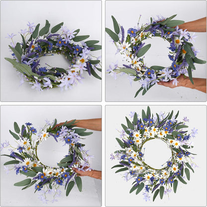 VioletEverGarden 20 Inch Spring Wreath for Front Door, Violet Blue and White Daisy Floral Decor