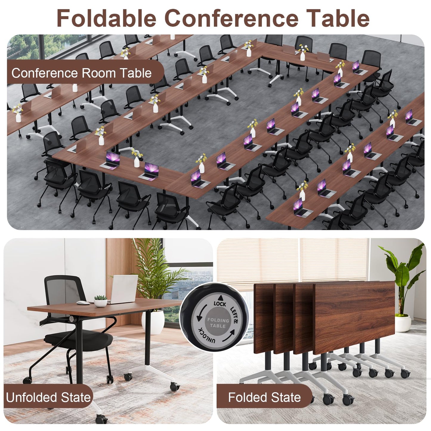 robwibw 63INCH Folding Conference Table On Wheels, 6 Pack Modular Walnut Rolling Conference Room Tables for 8-16 Person Training Table for Office Classroom(6, Walnut, 63 INCH)