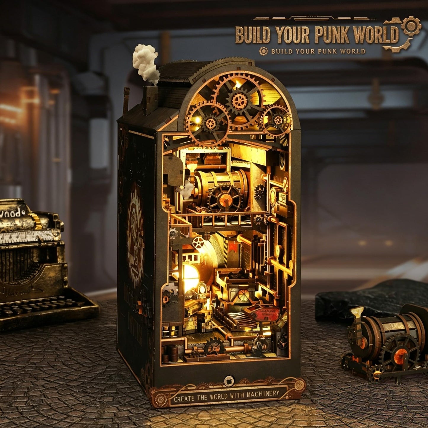 DGRENA Book Nook DIY Miniature House Kit, Steampunk Industrial 3D Wooden Puzzle Bookend with Touch LED Lights, Rotating Gears Mechanical Bookshelf Insert Decor Crafts for Adults Teens Gift