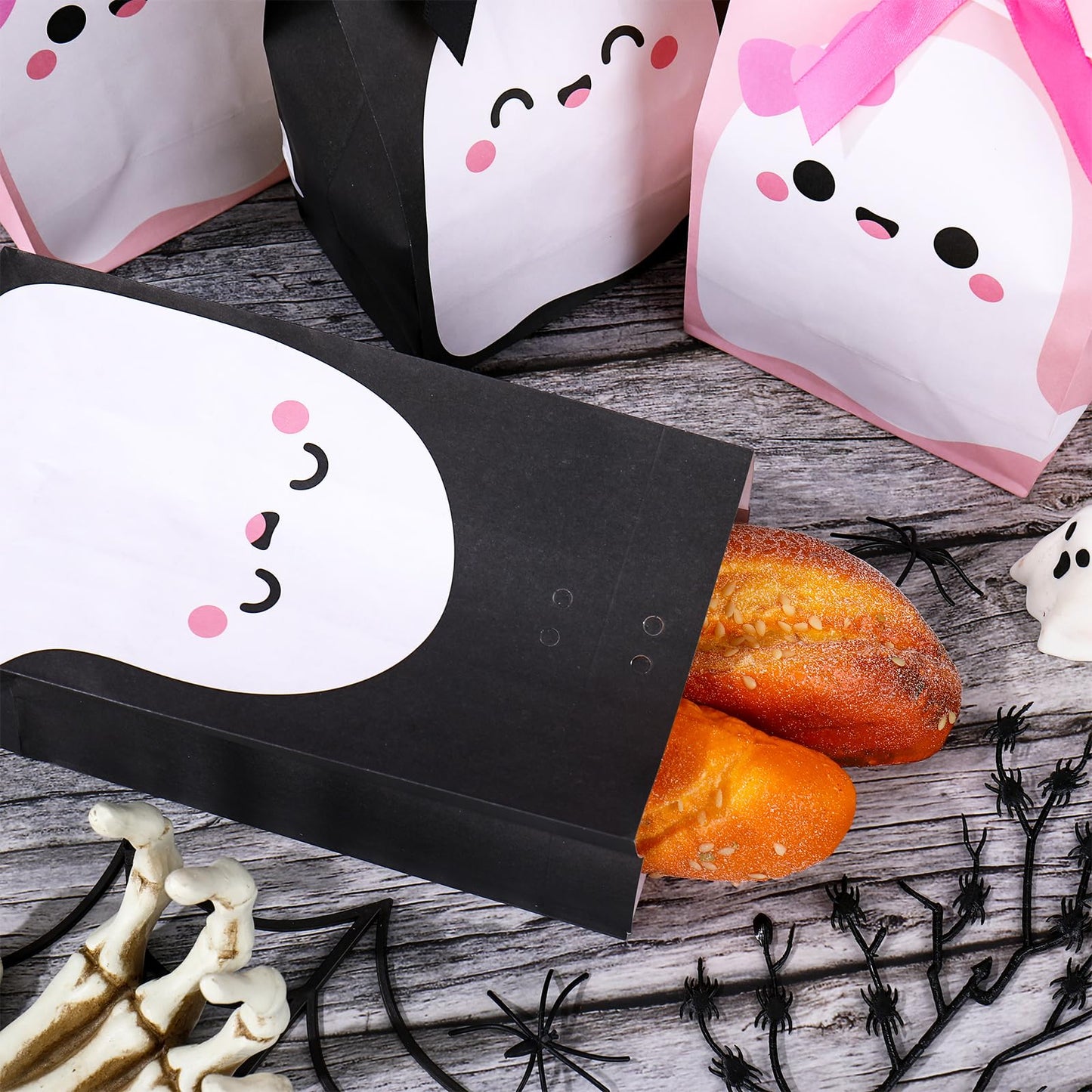 JarThenaAMCS 24Pcs Halloween Party Favor Bags Little Boo Ghost Paper Gift Bags with Black Pink Ribbon Bows Candy Goodie Treat Bag for Birthday Baby Shower Party Supplies