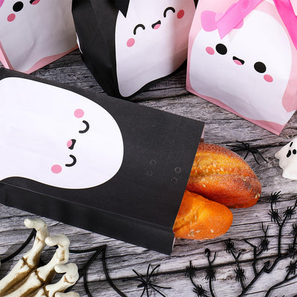 JarThenaAMCS 24Pcs Halloween Party Favor Bags Little Boo Ghost Paper Gift Bags with Black Pink Ribbon Bows Candy Goodie Treat Bag for Birthday Baby Shower Party Supplies
