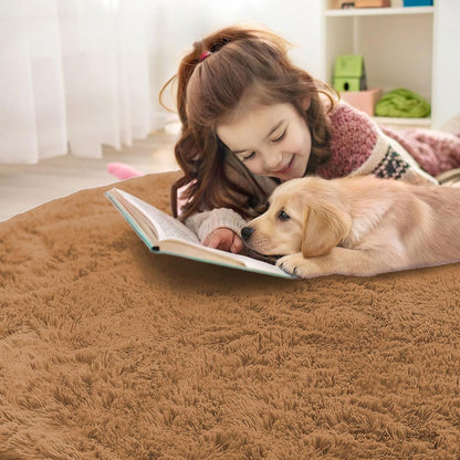 OLANLY Round Khaki Area Rug - Soft, Fluffy, Machine Washable 5 ft Circle Carpet for Bedroom & Living Room