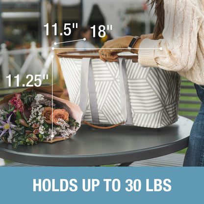 CleverMade Snapbasket LUXE Collapsible Tote - Geometric Taupe 1 Pack 30L / 8 Gal - Reusable Grocery Collapsible Storage Shopping Organizer