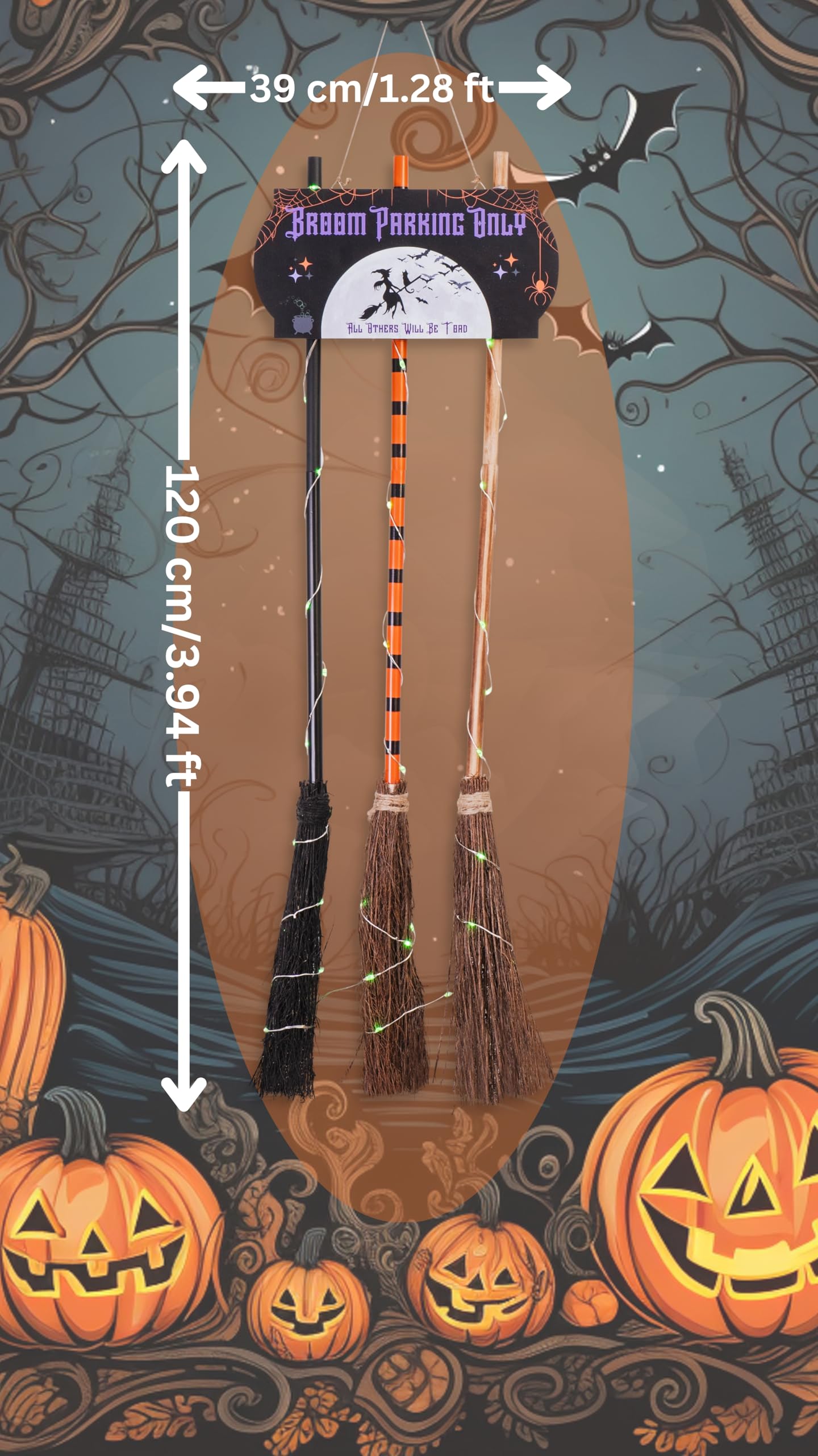 Halloween Decorations with Broom Parking Only Sign - Witch Halloween Theme - Porch Decor - Decorations with Three Witch Broomstick - Wall Decor with Lights