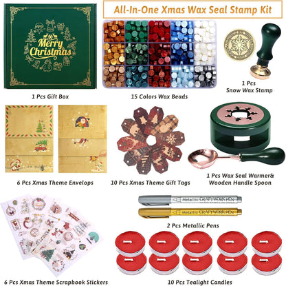 Comealltime Christmas Wax Seal Kit with Snow Sealing Stamp, 25 Colors Sealing Beads Beginner's Set with Warmer, Xmas Washi Stickers, Envelope, Candle, Wax Seal Stamp Kit for Gift and Craft