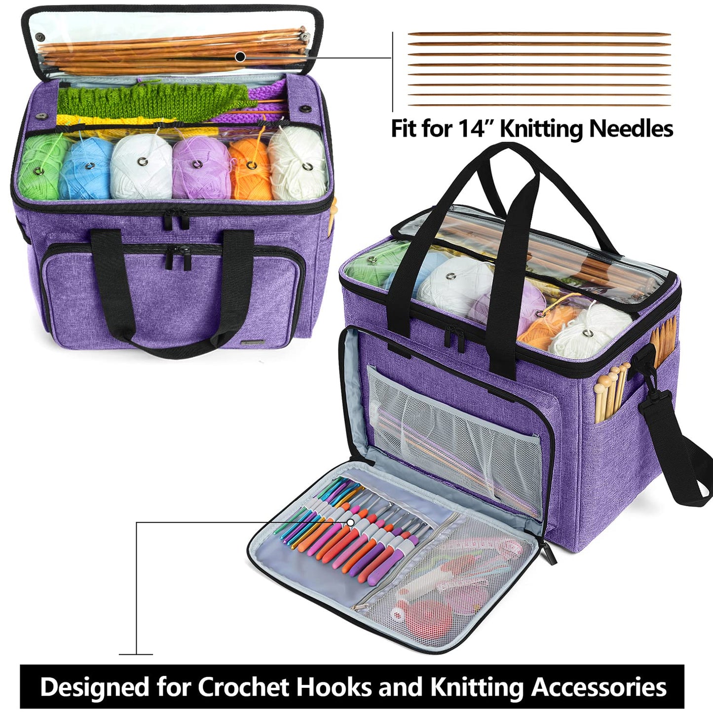 Teamoy Knitting Bag, Yarn Tote Organizer with Inner Divider (Sewn to Bottom) for Crochet Hooks, Knitting Needles(Up to 14"), Project and Supplies, Purple -No Accessories Included