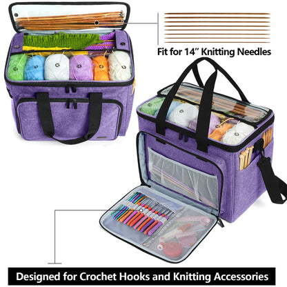 Teamoy Knitting Bag, Yarn Tote Organizer with Inner Divider (Sewn to Bottom) for Crochet Hooks, Knitting Needles(Up to 14"), Project and Supplies, Purple -No Accessories Included