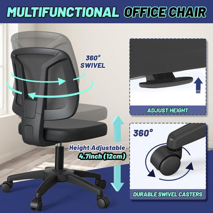 KIZECK Armless Office Desk Chair No Arms with Back Support Rolling Wheels for Home Study Work