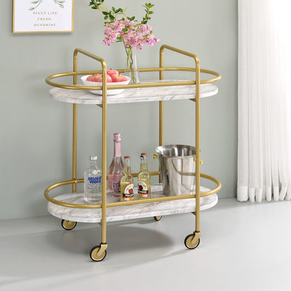 HOMES: Inside + Out Wuest Modern 2 Tier Metal 33 in. Mobile Serving Cart with Casters for Dining Room, Home Bar, Gold Coating and White