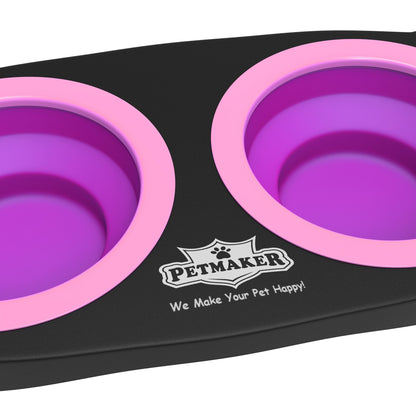 Elevated Cat and Dog Food Bowls with Non-Slip Stand - Removable and Collapsible Silicone Feeder for Food and Water - 16-Ounces Each by PETMAKER (Pink)