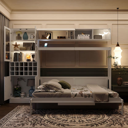 Merax Full Size Murphy Bed Wall Bed with Sofa and Storage, Hydraulic Mechanism Folding Bed with Shelves & USB Ports, Space Saving Furniture for Small Apartment, White