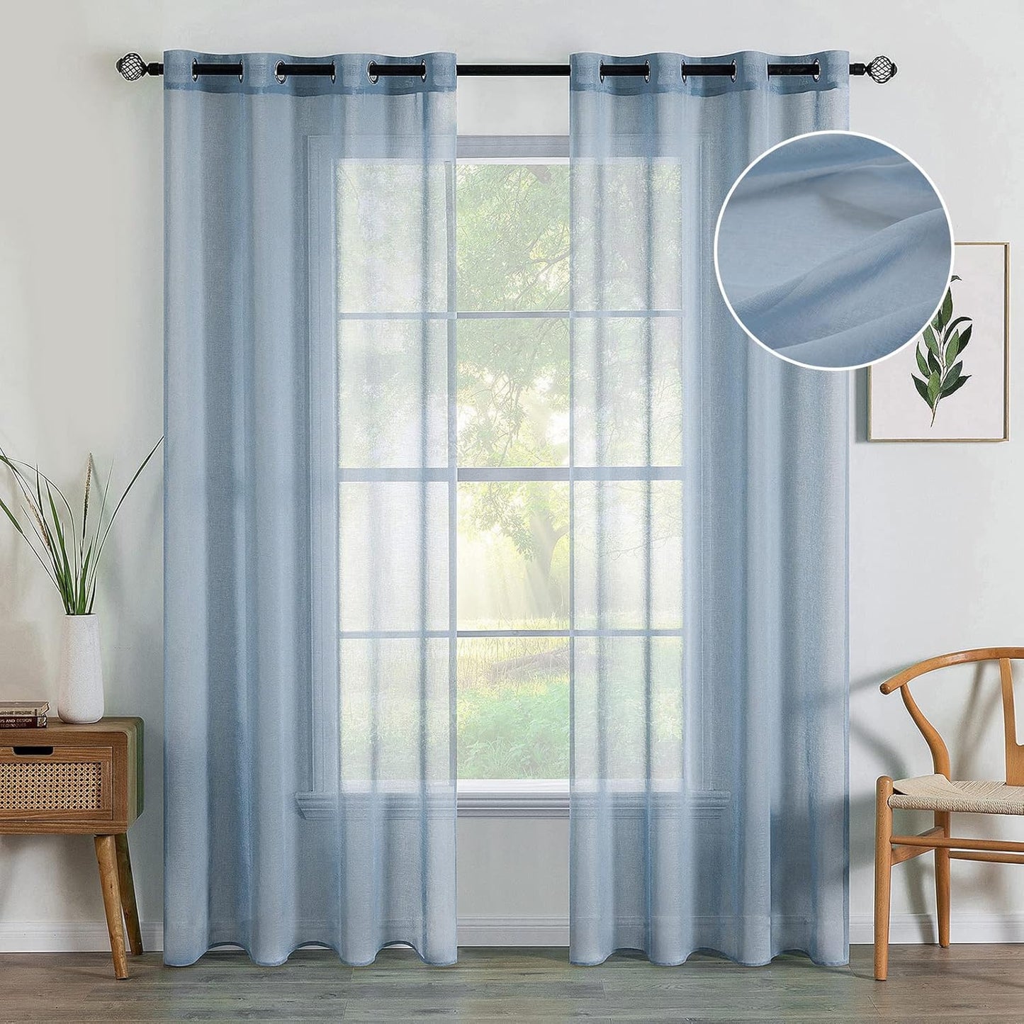 MIULEE Dusty Blue Semi-Sheer Window Curtains - Elegant Grommet Top Drapes, 84 Inch Length, Linen Texture