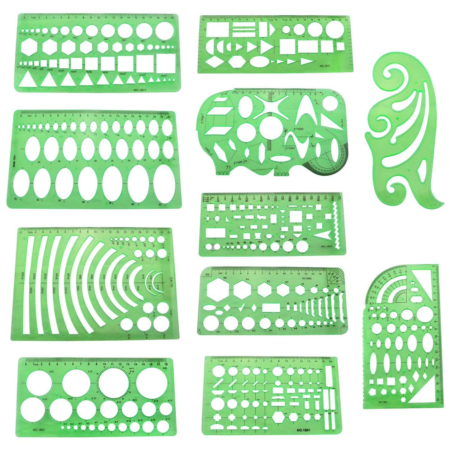 ZZLZX 11PCS Green Plastic Hollow Out Painting Stencils Geometric Drawing Template Measuring Rulers for Circle Drawing and Drafting Paper Tracing Measuring Tools for Office Architectural Design