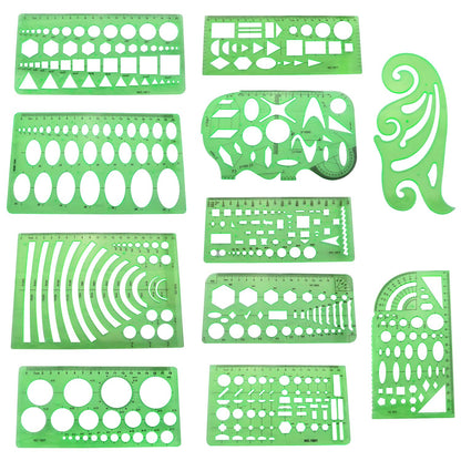ZZLZX 11PCS Green Plastic Hollow Out Painting Stencils Geometric Drawing Template Measuring Rulers for Circle Drawing and Drafting Paper Tracing Measuring Tools for Office Architectural Design