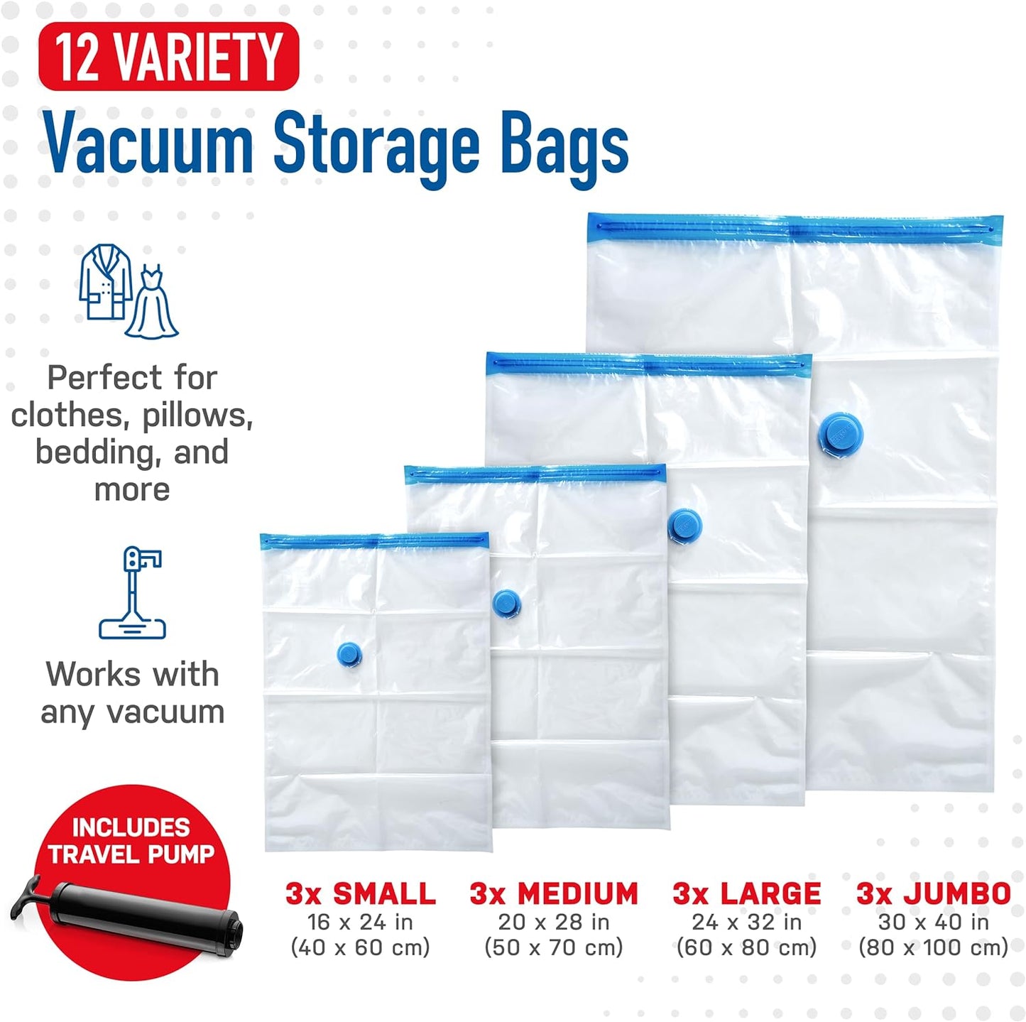 Spacesaver Variety 12pk Vacuum Storage Bags - Save 80% Clothes Storage Space, Compression Seal for Closet