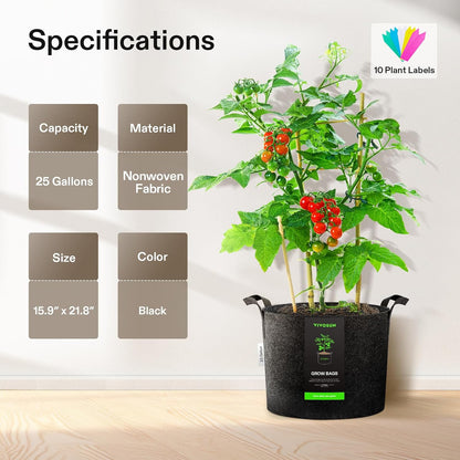 VIVOSUN 25 Gallon Grow Bags - 10-Pack Reinforced Fabric Planter Pots for Gardening | Black