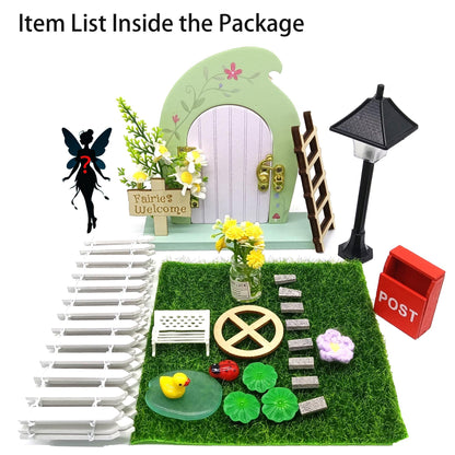 Fairy Door Kit that Opens with Mystery Fairy Figurine and Light-up Street Lamp for Desktop Garden, Opening Wooden Tooth Fairy Door for Wall Miniature Fairy Garden Set 29 Pcs
